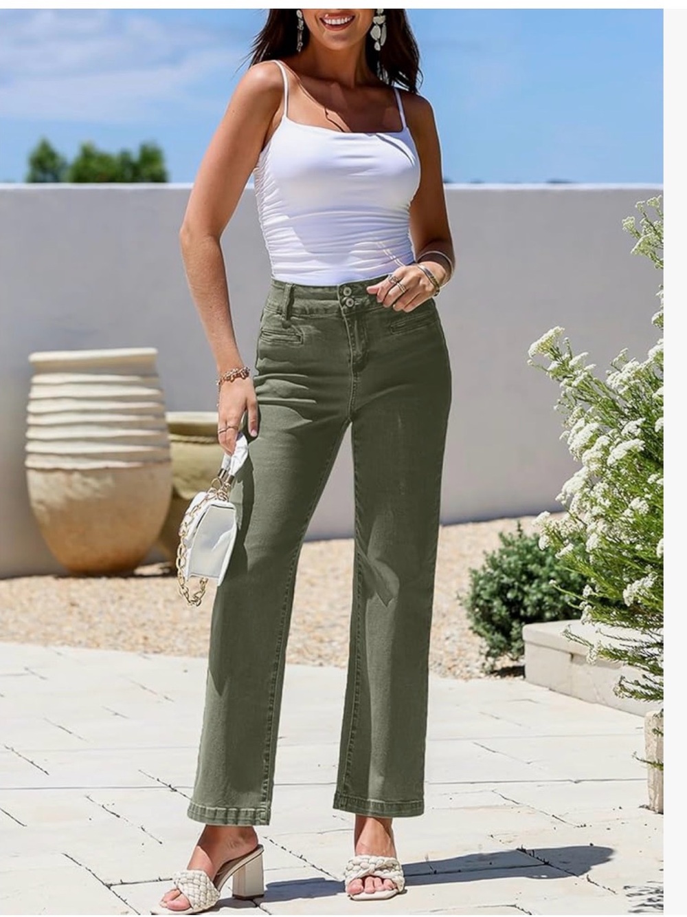 Sidefeel High-Rise Wide-Leg Jeans in Olive Green Size 14